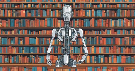 Illustration générée par IA d'un robot en bibliothèque pour l'article bibliothèque et IA 
