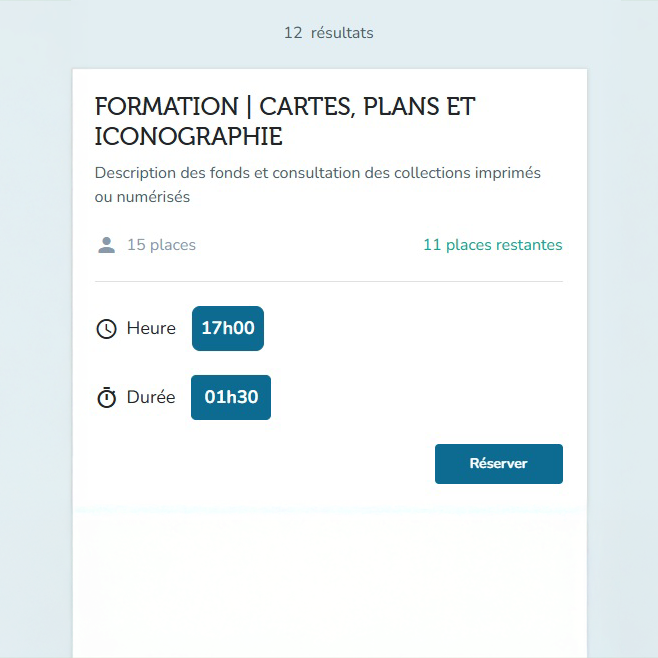 Capture d'écran du cartouche d'inscription à FORMATION | CARTES, PLANS ET ICONOGRAPHIE depuis Affluences 